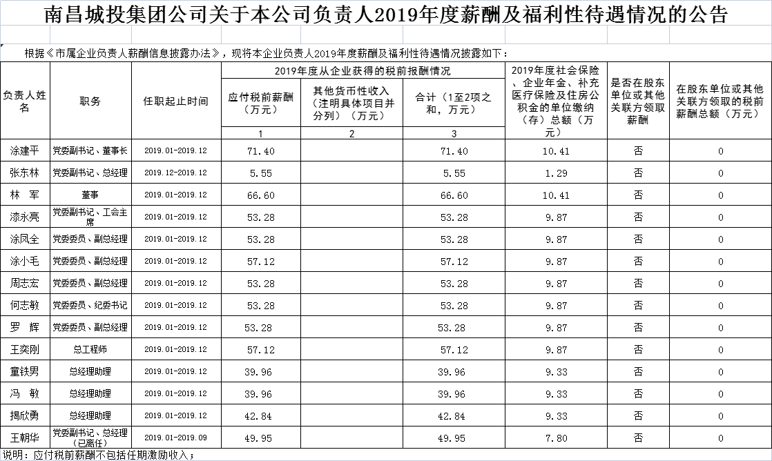 南昌城投集團公司關于本公司負責人2019年度薪酬及福利待遇情況的公告